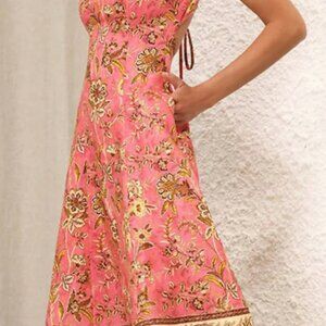 Zimmerman Junie Cut Out Midi Dress in Pink/Gold Floral